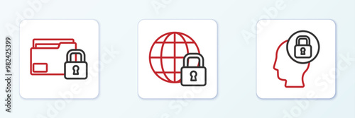 Set line Human head with lock, Folder and and Global lockdown icon. Vector