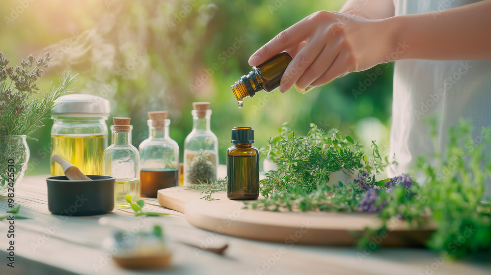 A person pouring essential oils into a small dropper bottle while surrounded by fresh herbs and organic ingredients. The table is filled with glass containers, dried flowers, and m A person pouring essential oils into a small dropper bottle while surrounded by fresh herbs and organic ingredients. The table is filled with glass containers, dried flowers, and m