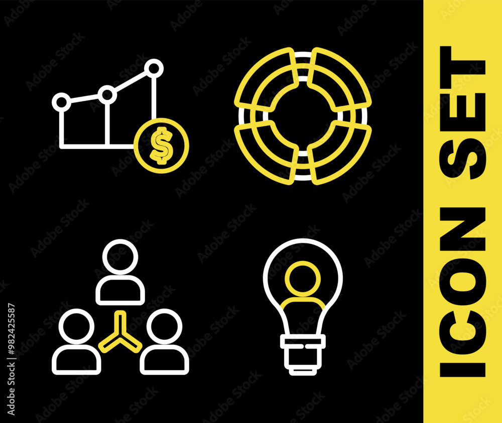 Set line Business lifebuoy, Head with lamp bulb, Project team base and Pie chart and dollar icon. Vector Set line Business lifebuoy, Head with lamp bulb, Project team base and Pie chart and dollar icon. Vector