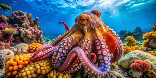 A Caribbean reef octopus clings to a coral head, its arms extended in all directions, as it surveys photo