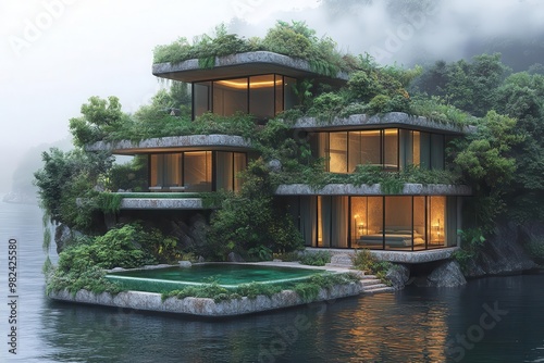 floating ecooasis sustainable luxury villa with cascading vertical gardens zerogravity pools and holographic privacy screens amid clouds photo