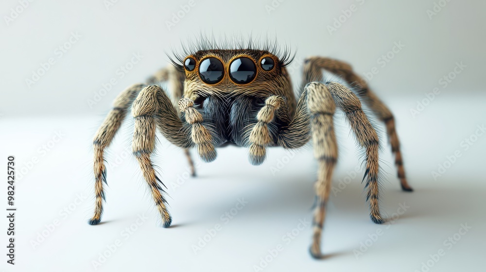 Fototapeta premium A lifelike jumping spider with visible eyes and fur, standing still against a white surface