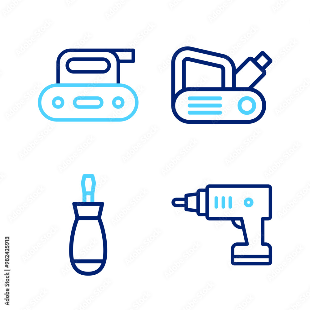 Set line Electric cordless screwdriver, Screwdriver, planer tool and icon. Vector Set line Electric cordless screwdriver, Screwdriver, planer tool and icon. Vector
