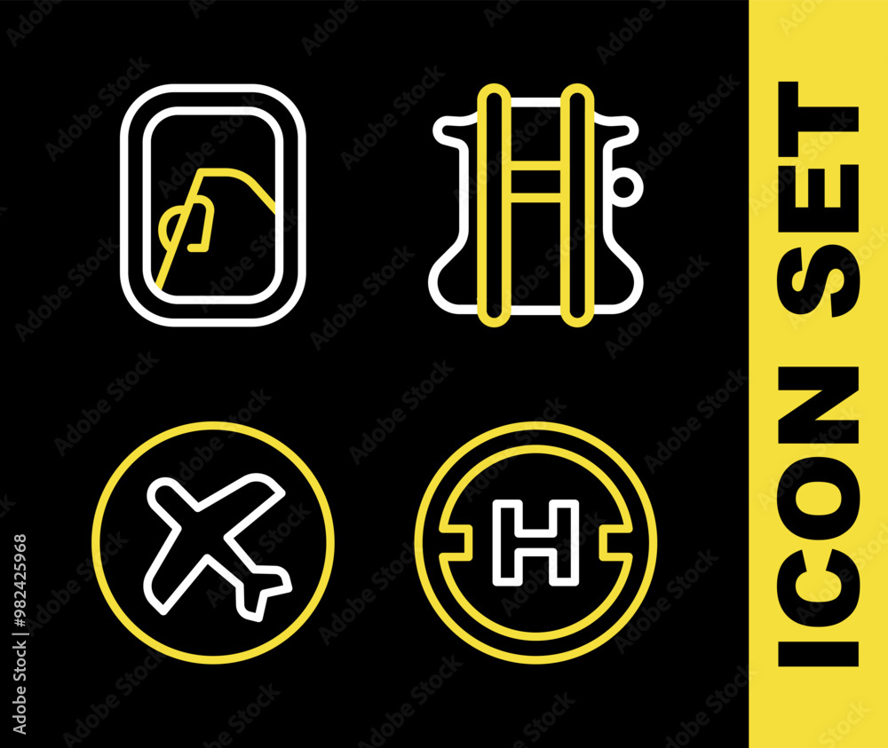 Set line Parachute, Helicopter landing pad, Plane and Airplane window icon. Vector Set line Parachute, Helicopter landing pad, Plane and Airplane window icon. Vector
