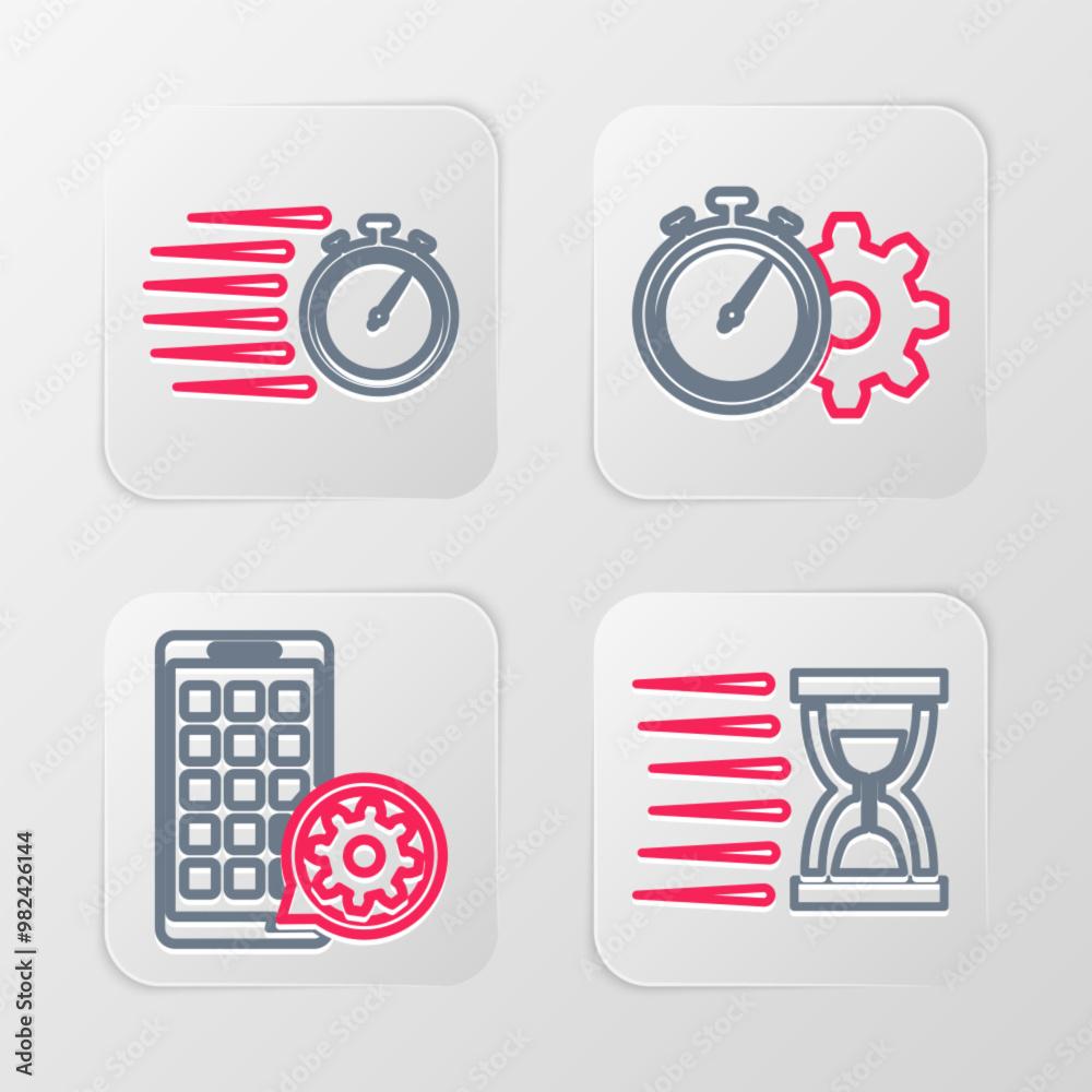Set line Old hourglass with sand, Mobile Apps setting, Time management and Stopwatch icon. Vector Set line Old hourglass with sand, Mobile Apps setting, Time management and Stopwatch icon. Vector