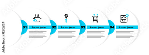 Set line Chef hat, Barbecue grill, Kitchen whisk and Cooking pot icon. Vector