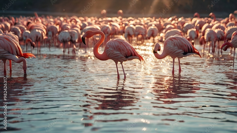 Naklejka premium flamingos calmly walking with their feet partially submerged in lake, soft and magical lighting of a fresh morning, amazing sun