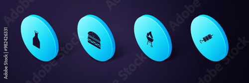 Set Isometric Grilled shish kebab, Barbecue grill, Burger and Ketchup bottle icon. Vector