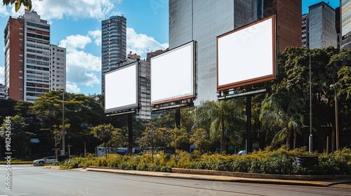 Big, empty billboards on the front of a building in a Brazilian city. They're just mockups, like examples of what could be there.