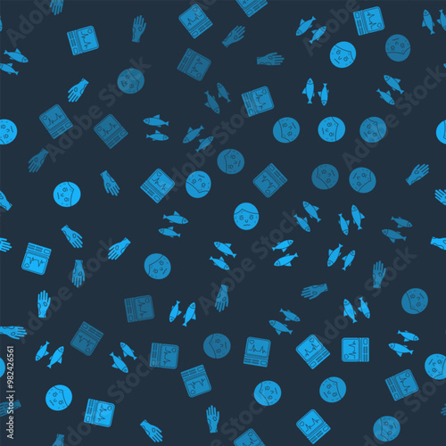 Set Monitor with cardiogram, Fish, Man excessive sweating and Hand psoriasis eczema on seamless pattern. Vector