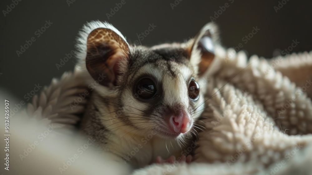Cute sugar glider resting on a warm blanket, showcasing its big eyes and soft fur. A perfect pet for animal lovers. Cute sugar glider resting on a warm blanket, showcasing its big eyes and soft fur. A perfect pet for animal lovers.