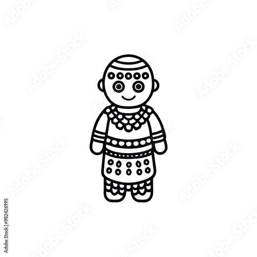 Line art illustration of a traditional African tribal doll with beads.