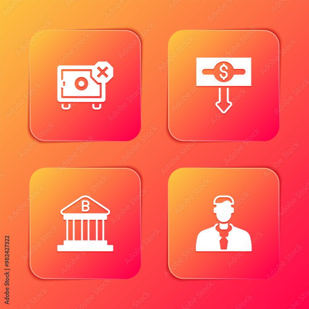 Set Safe, Dollar rate decrease, Bank building and Worker icon. Vector Set Safe, Dollar rate decrease, Bank building and Worker icon. Vector