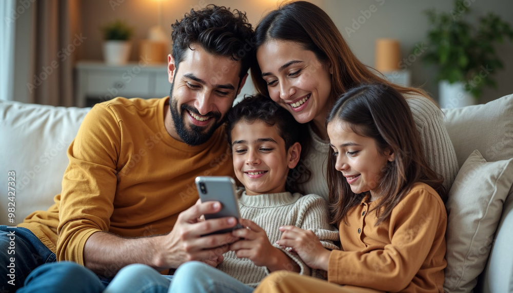Enjoying online communication, shopping, booking on Internet, making order. Family resting with cellphone on home couch, Happy Arabic parents and two little children using smartphone together, Happy Enjoying online communication, shopping, booking on Internet, making order. Family resting with cellphone on home couch, Happy Arabic parents and two little children using smartphone together, Happy
