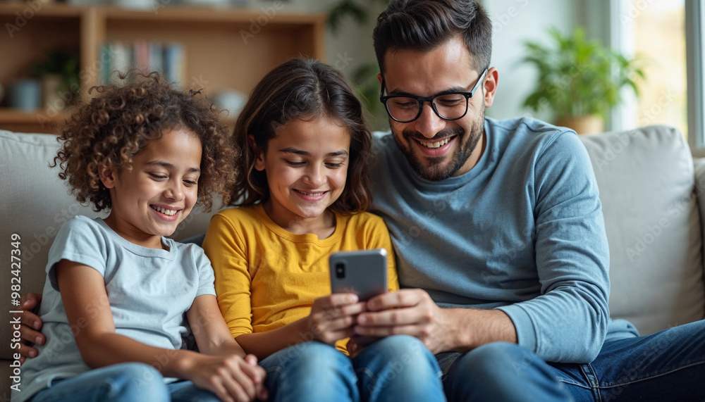Enjoying online communication, shopping, booking on Internet, making order. Family resting with cellphone on home couch, Happy Arabic parents and two little children using smartphone together, Happy Enjoying online communication, shopping, booking on Internet, making order. Family resting with cellphone on home couch, Happy Arabic parents and two little children using smartphone together, Happy