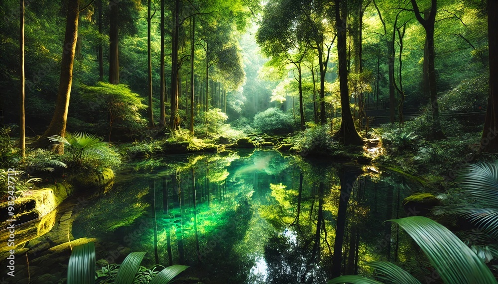 Mystical Reflections A Lush Forest Pond Illuminated by Ethereal Sunlight Mystical Reflections A Lush Forest Pond Illuminated by Ethereal Sunlight