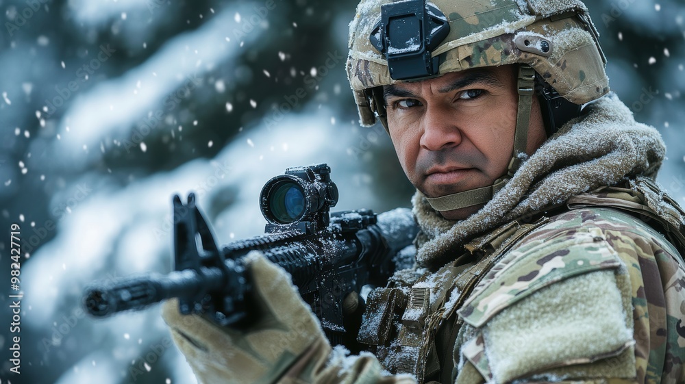 Naklejka premium A determined soldier aims his rifle while standing in a snowy battlefield, ready for combat in freezing conditions.