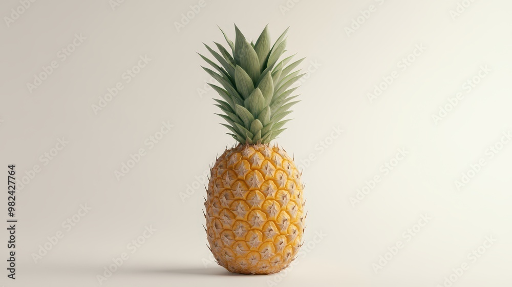 A single pineapple standing upright, with green spiky leaves and rough textured yellow skin. The white background highlights its natural detail. A single pineapple standing upright, with green spiky leaves and rough textured yellow skin. The white background highlights its natural detail.