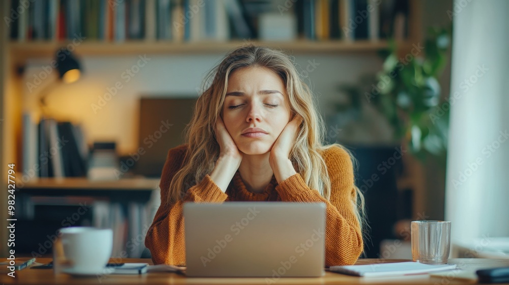 A young woman appears stressed while working on her laptop at home during the day in a cozy room filled with books A young woman appears stressed while working on her laptop at home during the day in a cozy room filled with books