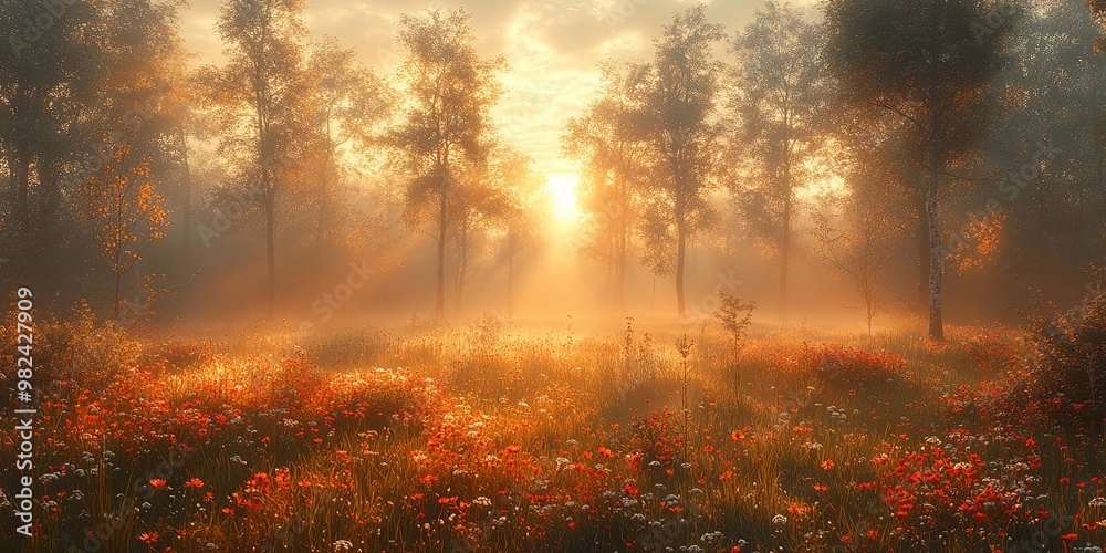 Fototapeta premium Golden Sunrise Illuminates a Mist-Shrouded Forest Meadow with Delicate Wildflowers