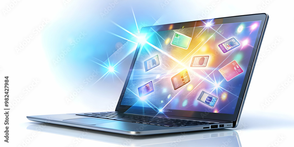 Glossy Laptop on White Surface with Floating Holographic Business and Coupon Symbols - Ideal for Digital Marketing and Business Promotion Glossy Laptop on White Surface with Floating Holographic Business and Coupon Symbols - Ideal for Digital Marketing and Business Promotion