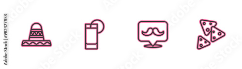 Set line Mexican sombrero, Mustache, Tequila glass with lemon and Nachos icon. Vector