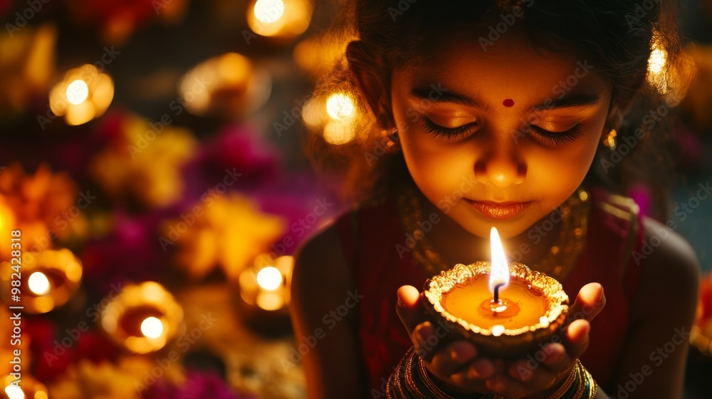 A young girl holds a lit oil lamp, surrounded by glowing candles and colorful flowers, symbolizing light and celebration.