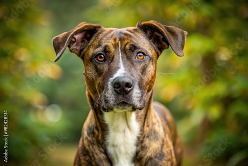 A gentle pitbull mix sporting a brindle coat and floppy ears stands with rapt attention for a considerable amount of time. photo