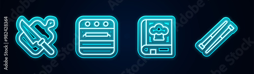 Set line Cutting board and knife, Oven, Cookbook and Food chopsticks. Glowing neon icon. Vector