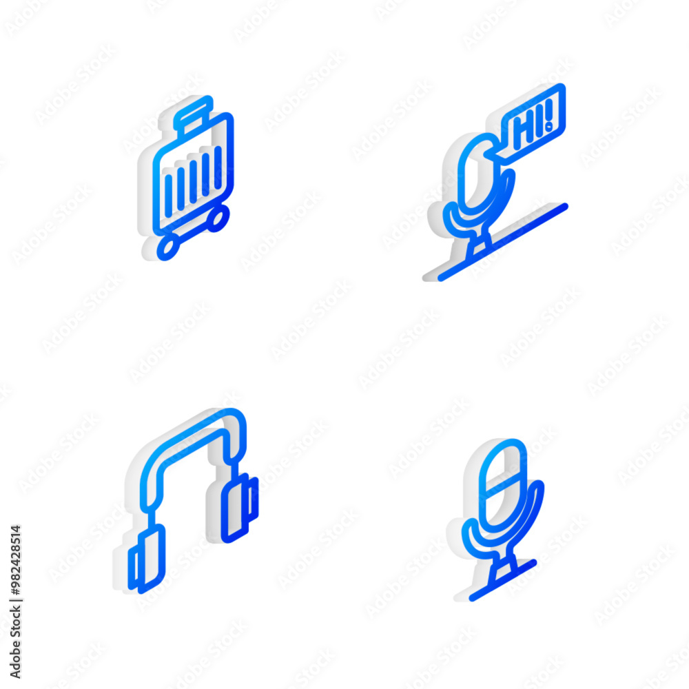 Set Isometric line Microphone voice device, Suitcase, Headphones and icon. Vector Set Isometric line Microphone voice device, Suitcase, Headphones and icon. Vector