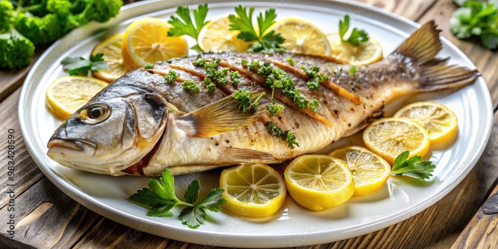 A grilled fish plate sits proudly in focus, its scales glistening in the light as lemon wedges and a sprinkle of parsley add a pop of bright color and freshness. A grilled fish plate sits proudly in focus, its scales glistening in the light as lemon wedges and a sprinkle of parsley add a pop of bright color and freshness.