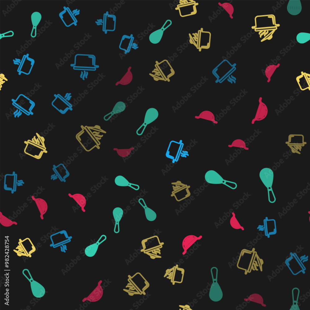 Set line Cooking pot, Kitchen whisk, and colander on seamless pattern. Vector Set line Cooking pot, Kitchen whisk, and colander on seamless pattern. Vector