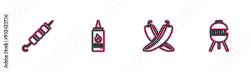 Set line Grilled shish kebab, Crossed hot chili pepper pod, Ketchup bottle and Barbecue grill icon. Vector