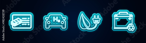 Set line Financial document, Hydrogen car, Electric saving plug leaf and Car battery with recycle. Glowing neon icon. Vector