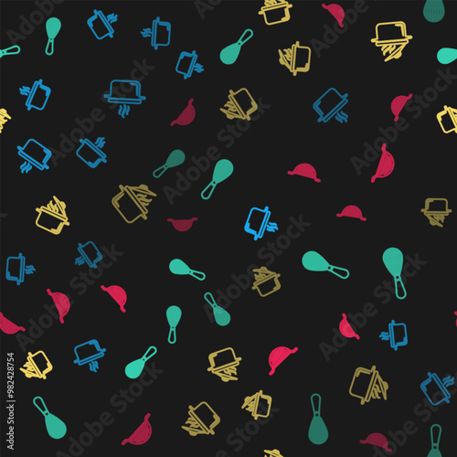 Set line Cooking pot, Kitchen whisk, and colander on seamless pattern. Vector