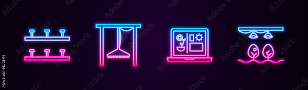 Set line Automatic irrigation sprinklers, , Smart farming technology and with bulb and plant. Glowing neon icon. Vector Set line Automatic irrigation sprinklers, , Smart farming technology and with bulb and plant. Glowing neon icon. Vector