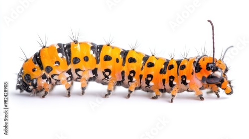 A vivid orange and black caterpillar in a crawling position, showing segmented body and tiny legs, isolated on white