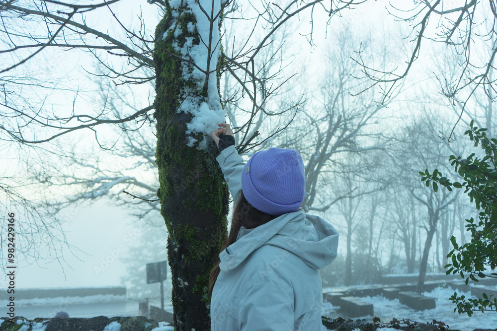 Woman Touching Snow on a Tree in Pedrafita do Cebreiro Woman Touching Snow on a Tree in Pedrafita do Cebreiro