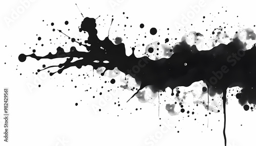 Dynamic black ink splatters, paint streaks, energetic on a white backdrop