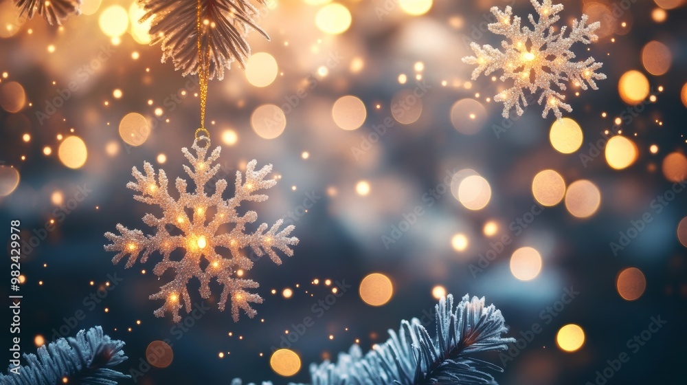 Glowing Snowflake Christmas Ornament on a Christmas Tree Branch Glowing Snowflake Christmas Ornament on a Christmas Tree Branch