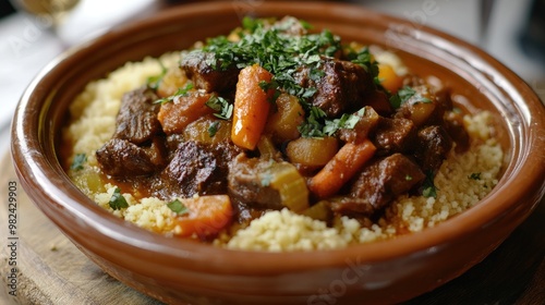 A beautifully plated Moroccan tagine, filled with slow-cooked meat, vegetables, and spices, served with couscous.