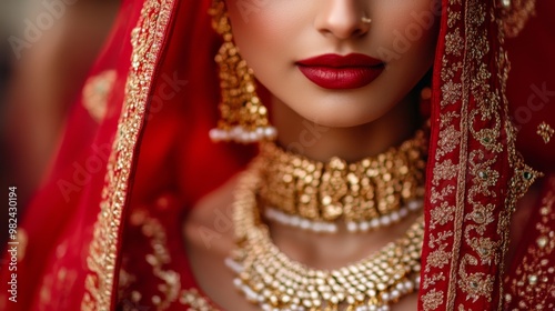 A close-up of a woman in traditional bridal attire, featuring rich red fabric, intricate jewelry, and bold makeup, exuding elegance and cultural beauty.