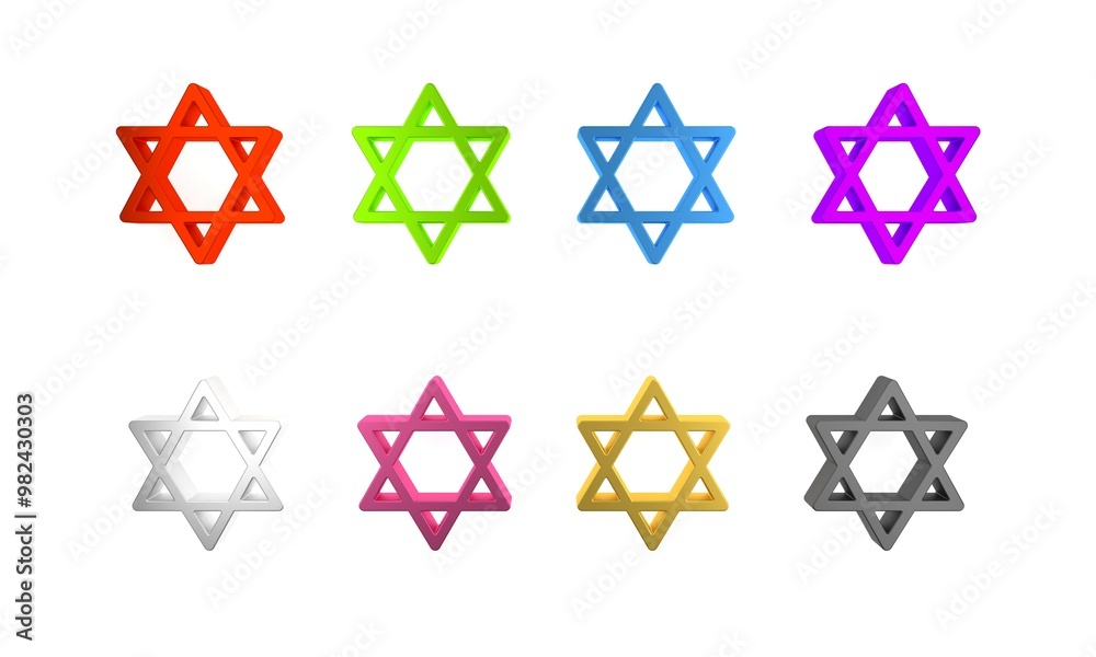 Colorful Star of David icon isolated on white background. Jewish religion symbol. Symbol of Israel. Minimalism concept. 3D render illustration Colorful Star of David icon isolated on white background. Jewish religion symbol. Symbol of Israel. Minimalism concept. 3D render illustration