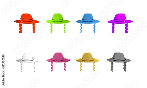 Colorful Orthodox jewish hat with sidelocks icon isolated on white background. Jewish men in the traditional clothing. Judaism symbols. Minimalism concept. 3D render illustration photo