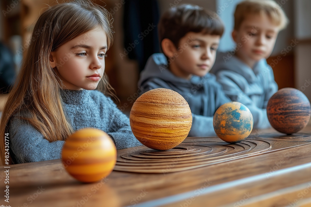 Fototapeta premium Pupils at school study models of poanets in science class. World Space Day.