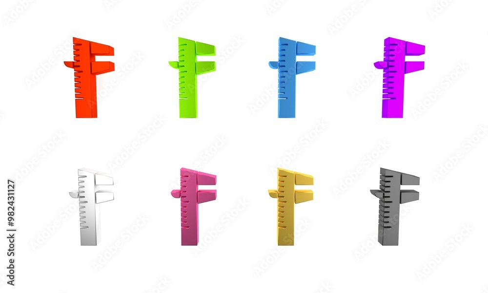 Obraz premium Colorful Calliper or caliper and scale icon isolated on white background. Precision measuring tools. Minimalism concept. 3D render illustration
