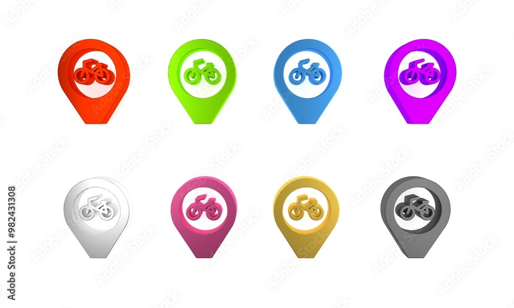 Colorful Map pointer with bicycle icon isolated on white background. Minimalism concept. 3D render illustration Colorful Map pointer with bicycle icon isolated on white background. Minimalism concept. 3D render illustration