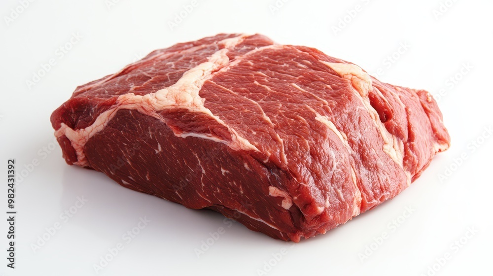 Beef chuck roast, raw and thick, resting on a spotless white background. Beef chuck roast, raw and thick, resting on a spotless white background.