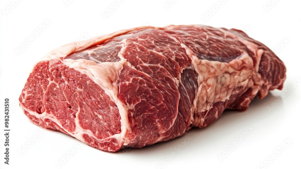 Beef chuck roast, raw and thick, resting on a spotless white background. Beef chuck roast, raw and thick, resting on a spotless white background.