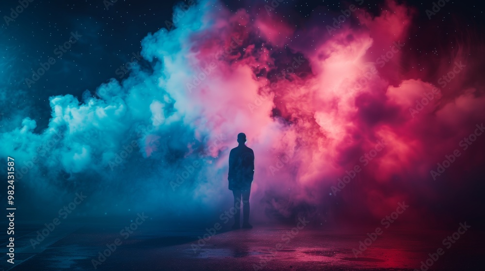 Silhouette of a Person Standing Amidst Colorful Cloud of Smoke Under a Starry Night Sky - Dreamlike and Mystical Atmosphere Silhouette of a Person Standing Amidst Colorful Cloud of Smoke Under a Starry Night Sky - Dreamlike and Mystical Atmosphere